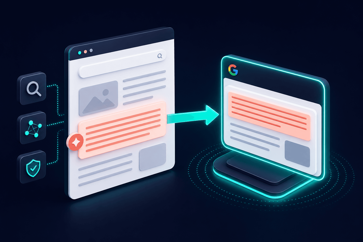 Isometric 3D visualization of a traditional Google featured snippet: a single high-ranking page node with a short verbatim excerpt boxed and linked by a direct teal arrow to a clean result card, deep navy and off-white palette with precise geometric forms and soft shadows