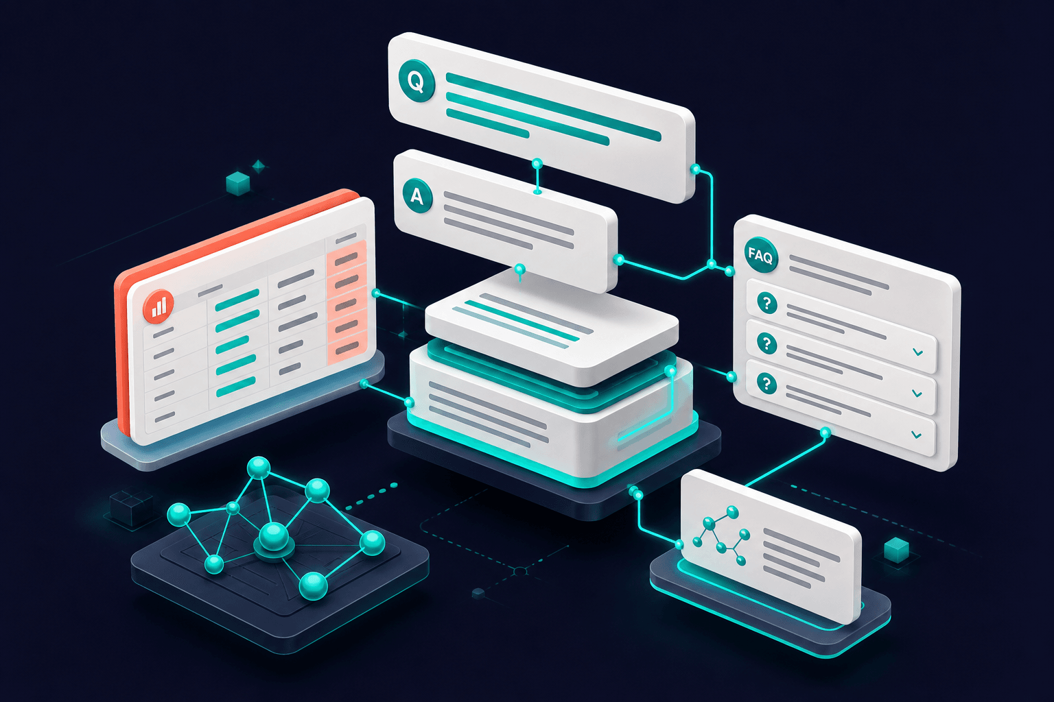Exploded 3D view of self-contained content blocks with question headings, statistics, FAQ sections, and entity links floating in layered architecture, teal and navy color scheme