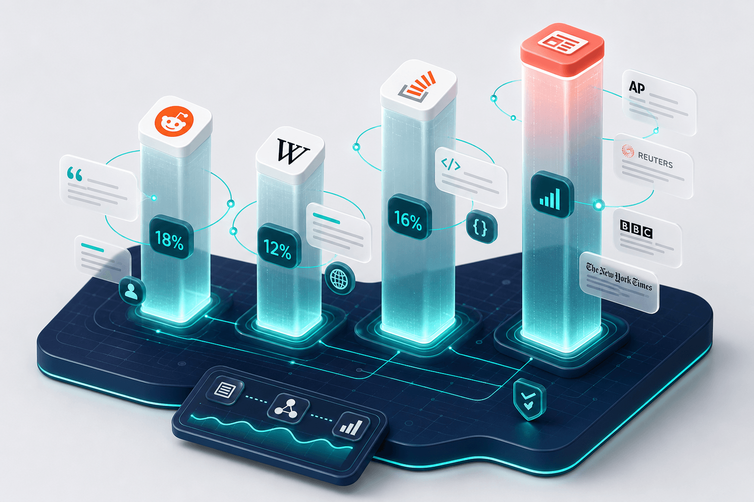 Isometric 3D visualization of dominant domains including Reddit, Wikipedia, and major news sites as glowing pillars with citation percentage labels floating above a navy gradient base