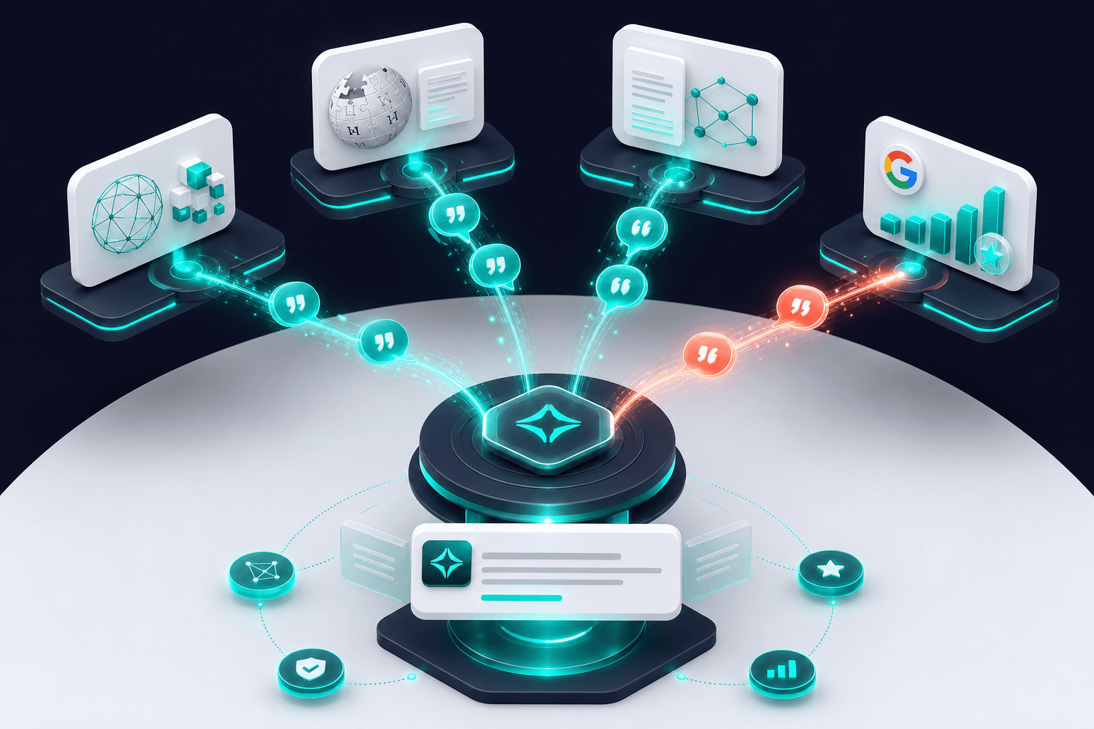 Isometric 3D visualization of citation flows from multiple platforms into a central AI answer engine, with distinct source cards for Perplexity, ChatGPT, and Claude connected by glowing teal pipelines