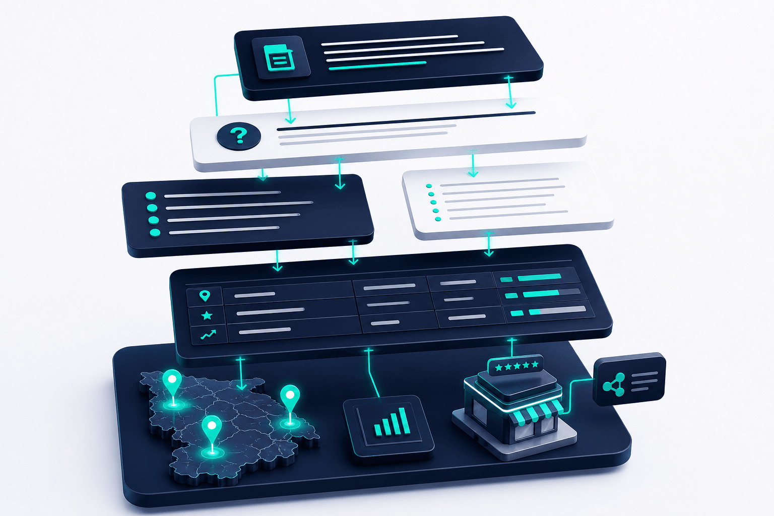 Floating 3D extractable content blocks: answer-first summary card, question headings, bullet lists, and data tables arranged in a layered pipeline with teal extraction arrows over clean navy and off-white background