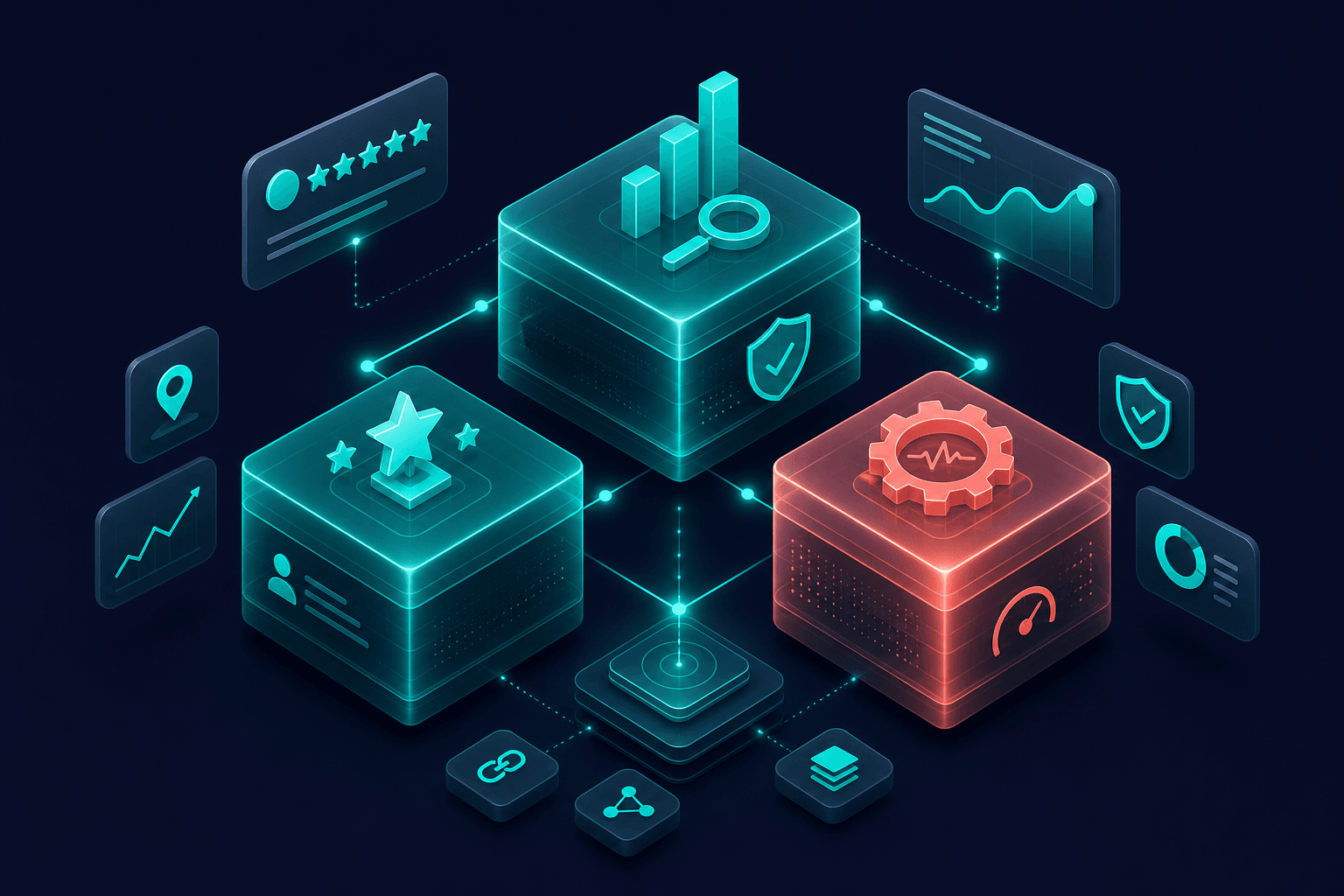 Floating 3D layered blocks representing shared SEO and AI search signals: expertise, backlinks, and technical health connected by teal lines over navy gradient with subtle coral accent on the central authority node