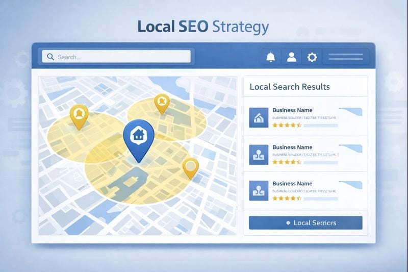 Local SEO strategy map showing business visibility in search results for nearby customers