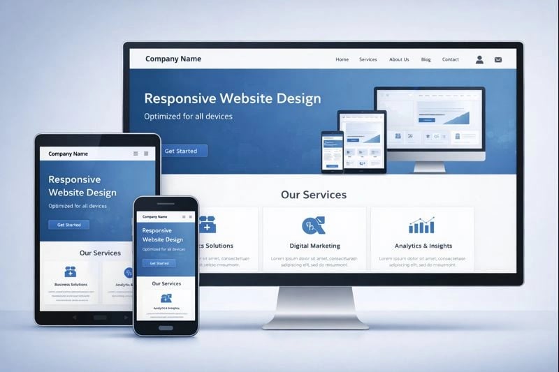 Responsive website design displayed on mobile and desktop devices for business accessibility
