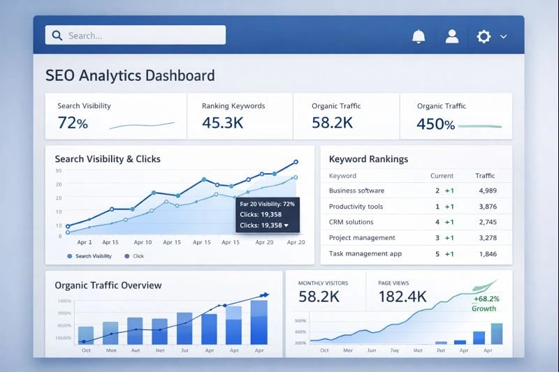 Dashboard showing SEO metrics and search visibility for a business website