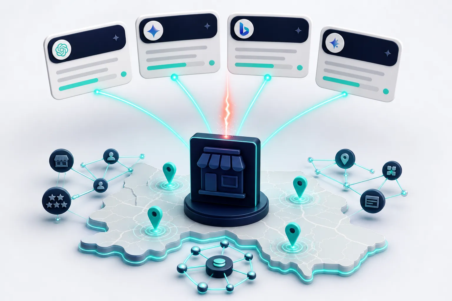 Conceptual 3D scene of a central local business source card connected by citation beams to floating AI answer bubbles over a glowing regional map