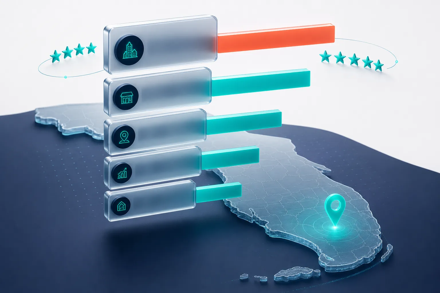 Isometric 3D leaderboard of floating agency cards with teal mention bars and orbiting review-star clusters above a soft navy gradient