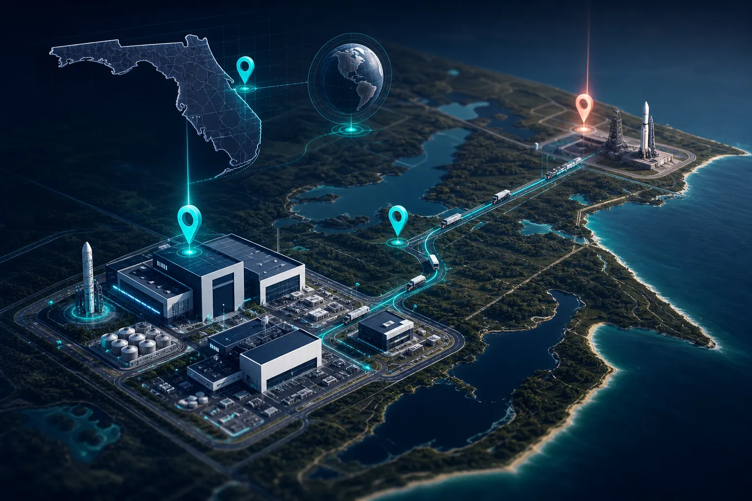 Isometric view of Merritt Island Rocket Park with highlighted manufacturing facility and regional connections to Cape Canaveral