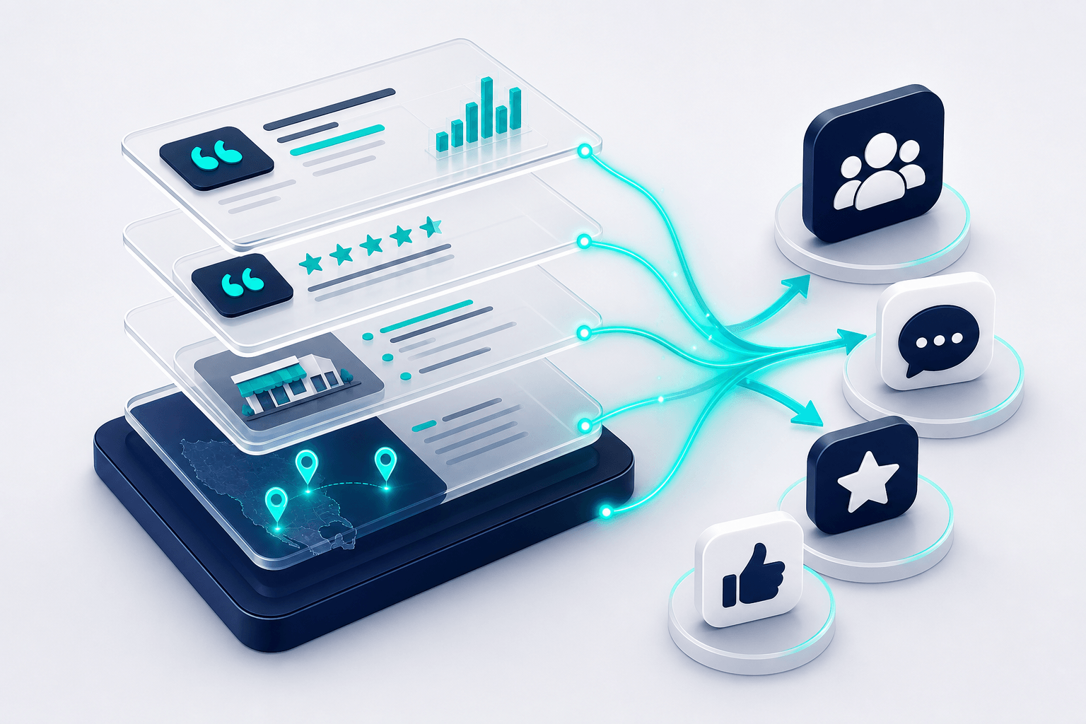 Isometric 3D visualization of stacked translucent content layers with quotable data points and teal mention arrows pointing toward forum and review platform icons, premium SaaS editorial style on soft off-white background