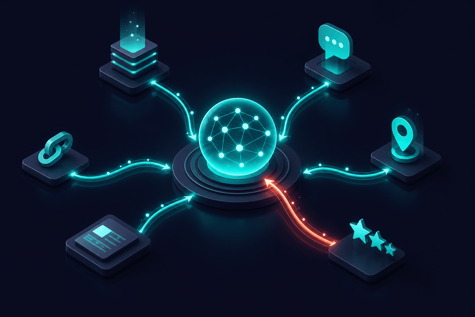 Central glowing knowledge-graph node representing brand entity recognition with unlinked teal mention arcs connecting from multiple platforms, soft navy background with subtle coral emphasis, floating 3D conceptual illustration