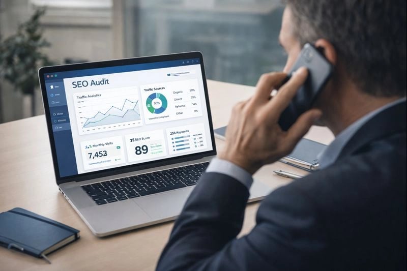 Business owner contacting an SEO agency for a consultation