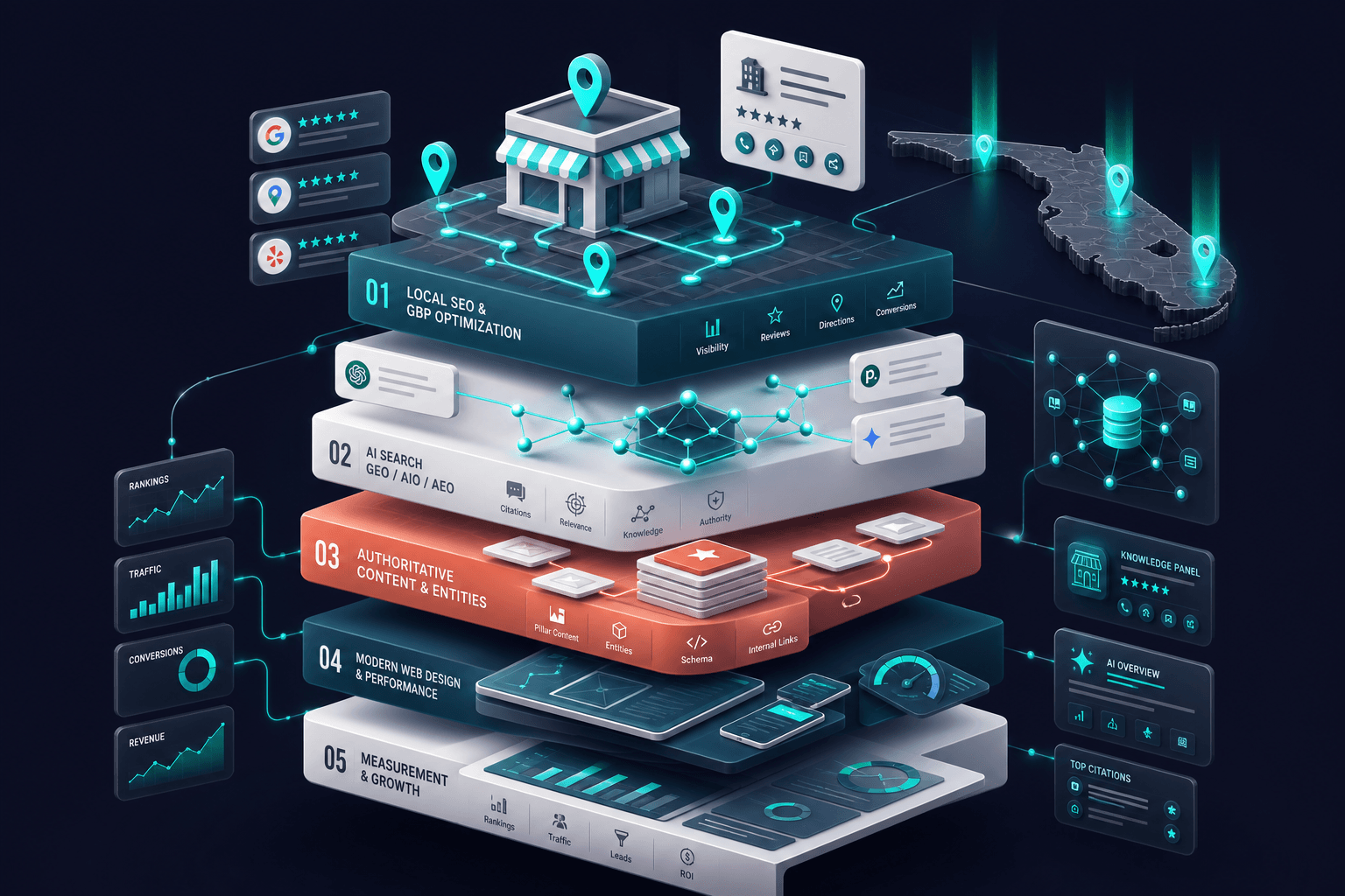 Conceptual 3D illustration of an optimal-length content article represented as a balanced stack of modular sections with word-count indicators, four to six H2 blocks, and supporting data points as glowing nodes, deep navy background with teal and coral accents