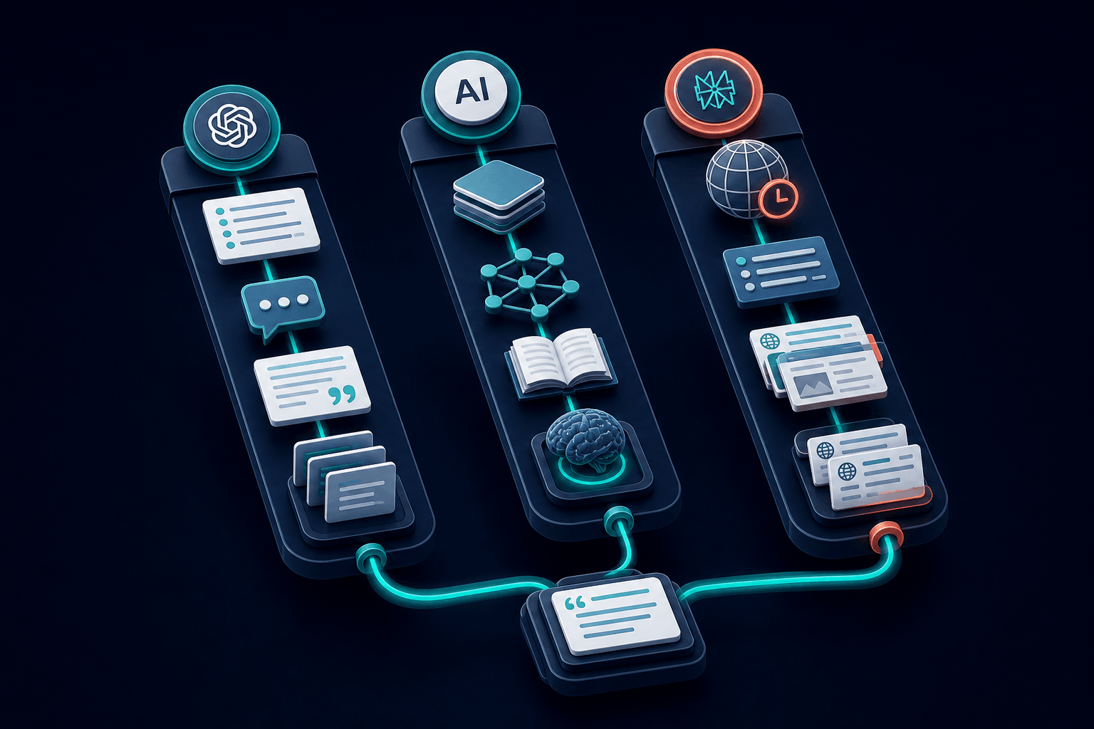 Abstract 3D diagram showing three distinct citation pathways for ChatGPT, Claude, and Perplexity as separate floating pipelines with unique source-type icons and teal connection flows, navy and off-white palette with coral emphasis on Perplexity real-time path