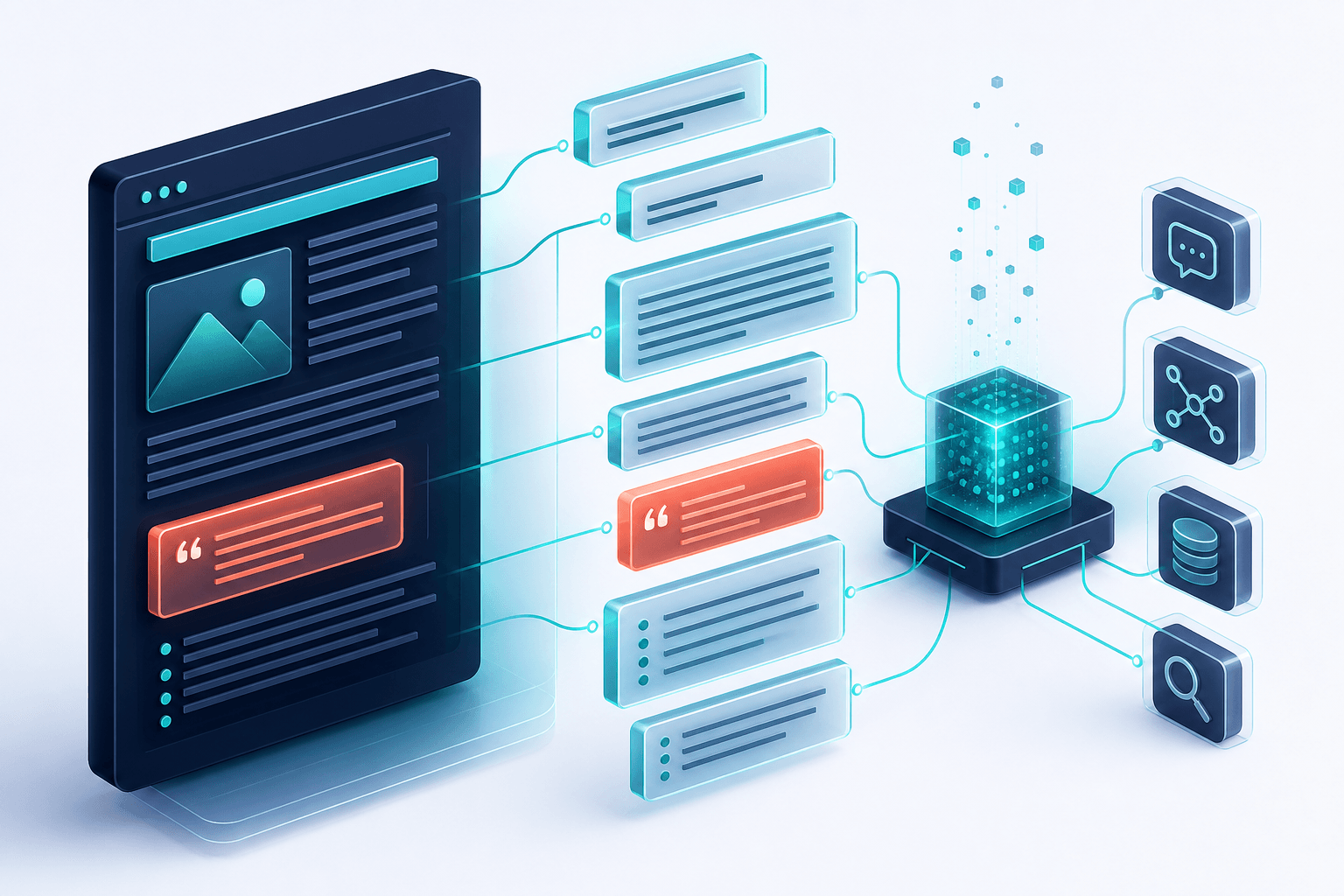 Isometric 3D visualization of a content page broken into retrievable chunks: short paragraphs, explicit headings, and bullet lists as floating translucent blocks with teal connection lines, navy and off-white palette with coral emphasis on key quotable sentences