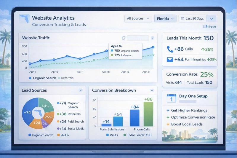 Analytics dashboard showing website conversion tracking and lead metrics for Florida business