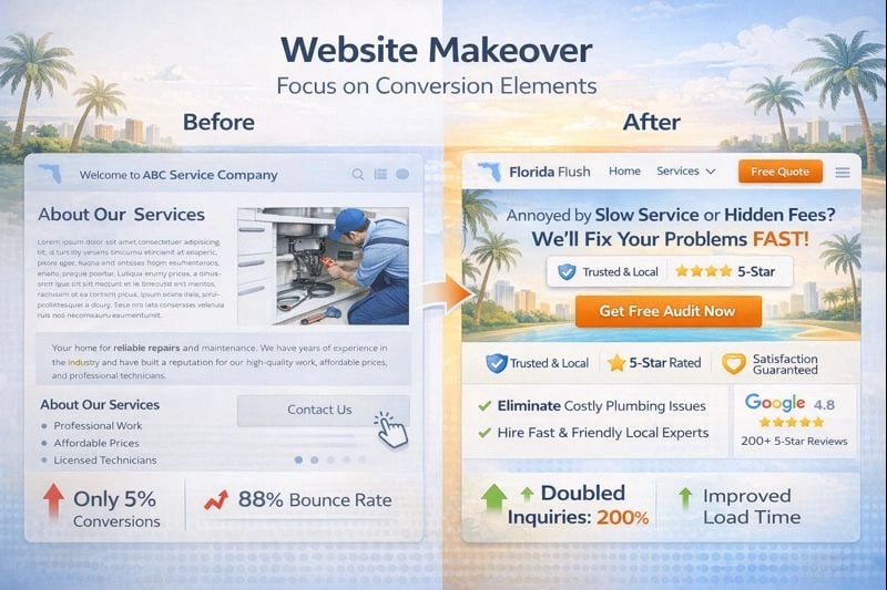 Before and after comparison of Florida business website redesign showing improved conversion elements