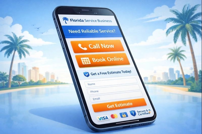 Mobile website view with prominent call-to-action buttons for a Florida service business