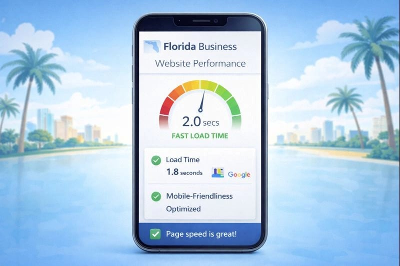 Mobile website performance metrics showing fast load times for a Florida business