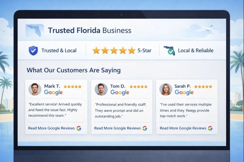 Website section displaying trust signals like reviews and badges for a Florida business