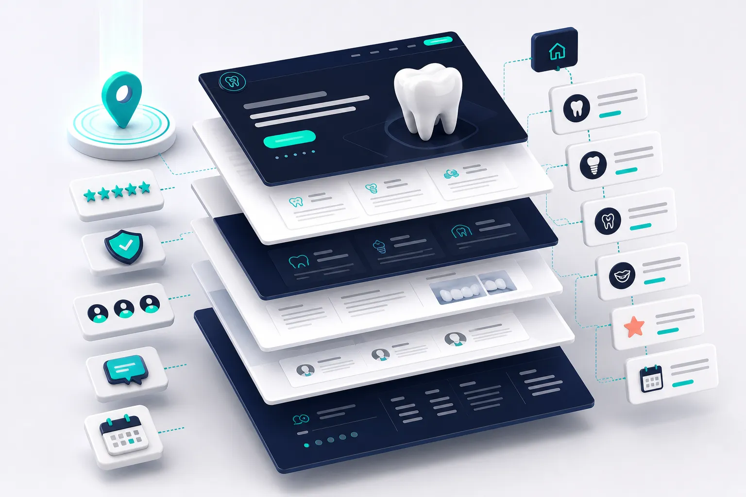 Dental website structure showing dedicated service pages for implants, cosmetic dentistry, and orthodontics