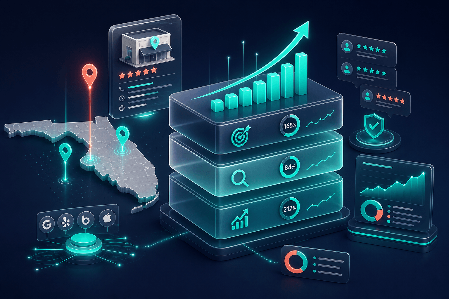 Layered 3D case study blocks displaying before-and-after metrics with glowing quantified outcomes on a deep navy background