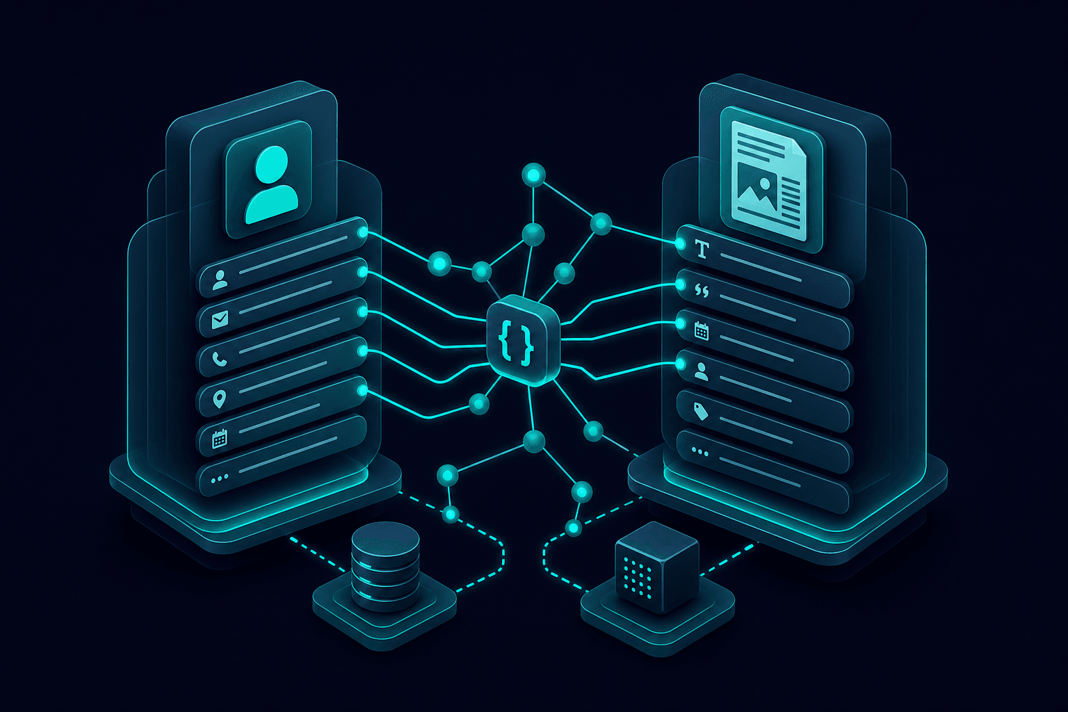 Floating 3D schema graph with Person and Article nodes linked by structured data connections in a clean navy environment