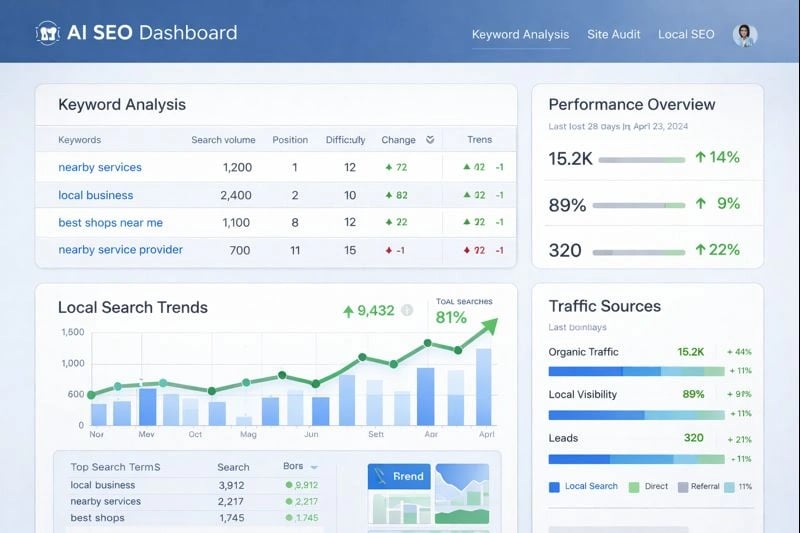AI-powered SEO tools interface showing keyword analysis for local businesses