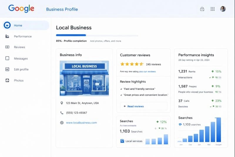 Google Business Profile dashboard showing business information and local search metrics
