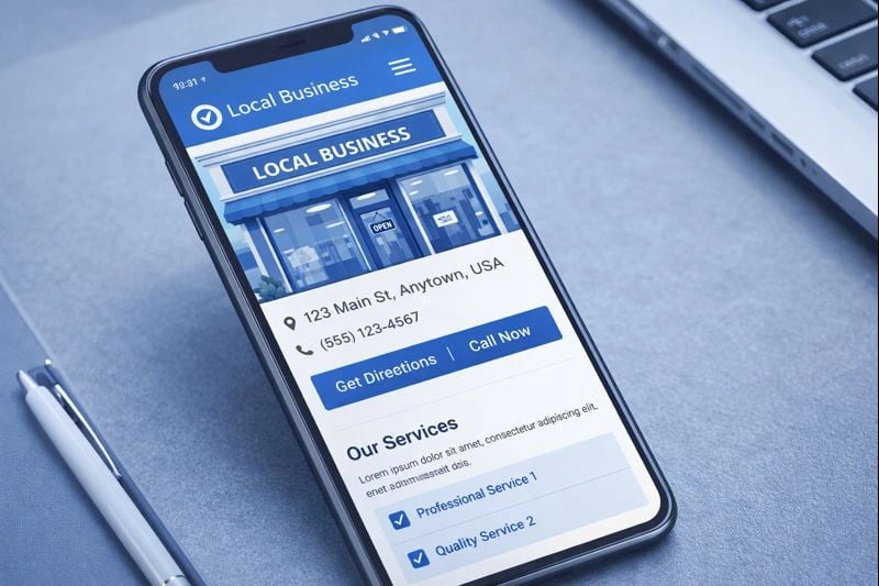 Mobile-friendly website design displayed on a smartphone for local business searches