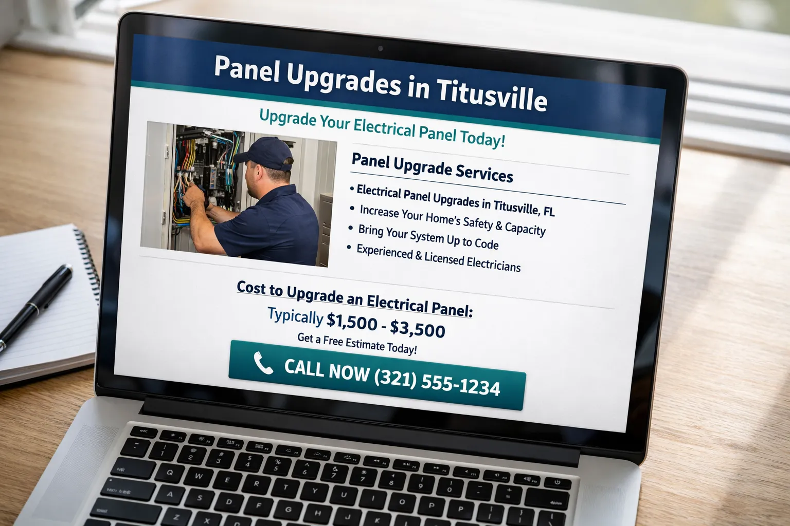 Electrician service page layout example showing clear headings, real job photos, pricing ranges, and call-to-action buttons for Titusville customers