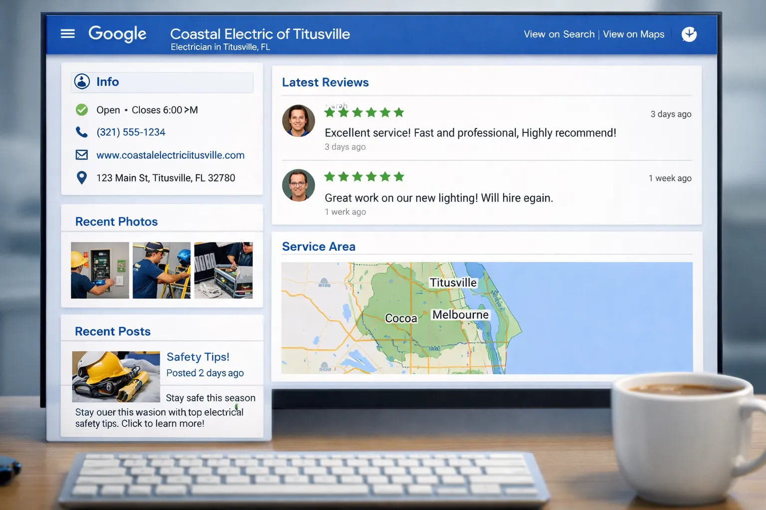 Clean Google Business Profile dashboard for a Titusville electrician showing complete profile, photos, reviews, and service areas on the Space Coast