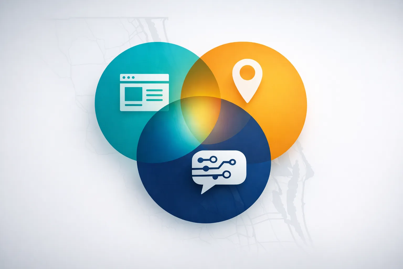 Three overlapping circles showing traditional SEO, local SEO, and AI SEO strategies for electricians with icons for web pages, Google Maps, and AI chat interfaces