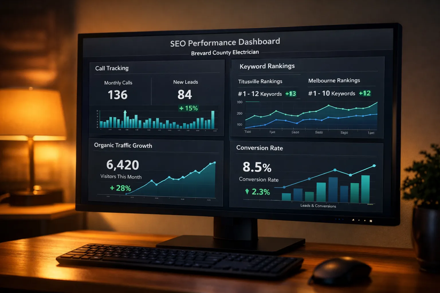 SEO performance dashboard showing call tracking, keyword rankings, and conversion data for a Brevard County electrical business