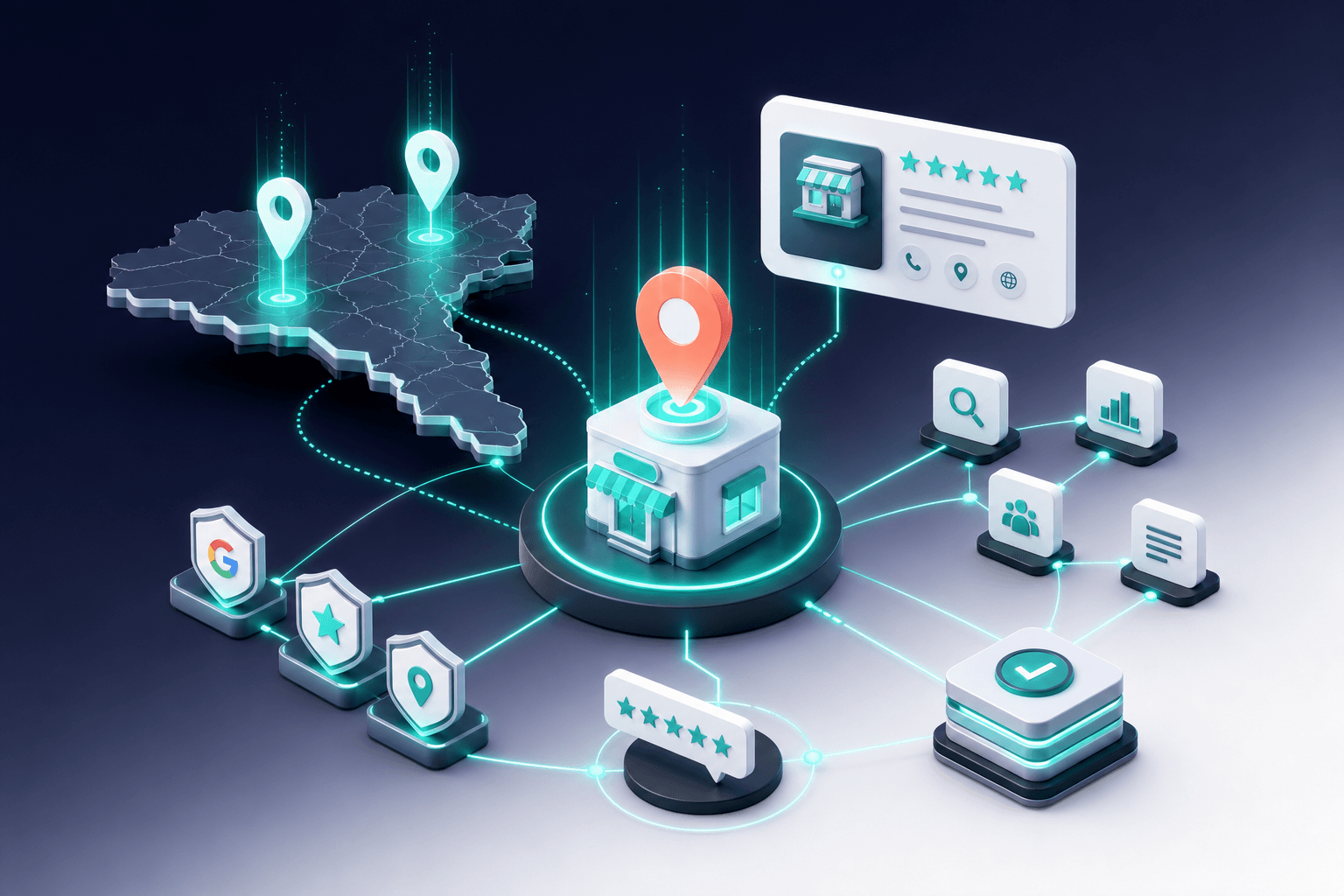 Isometric 3D visualization of a business entity as a glowing node with floating connections to knowledge graph elements including name, location pins, service topics, and trusted source badges on navy gradient background