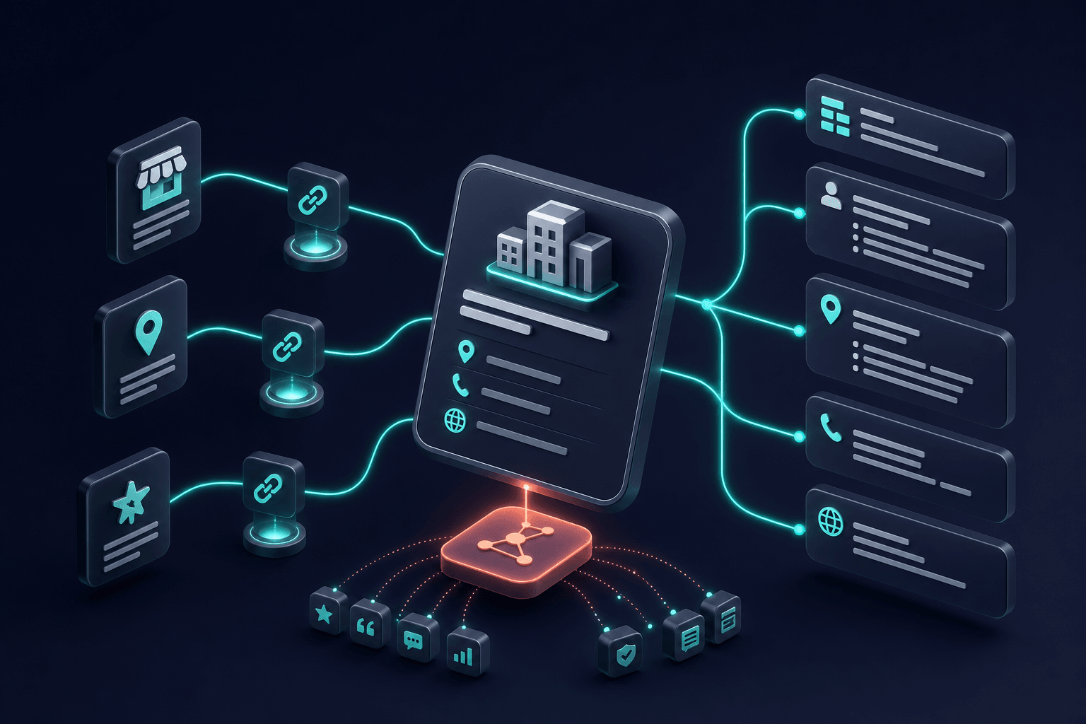 Floating 3D Organization schema nodes with sameAs connection lines and structured data blocks arranged in isometric space against a deep navy background