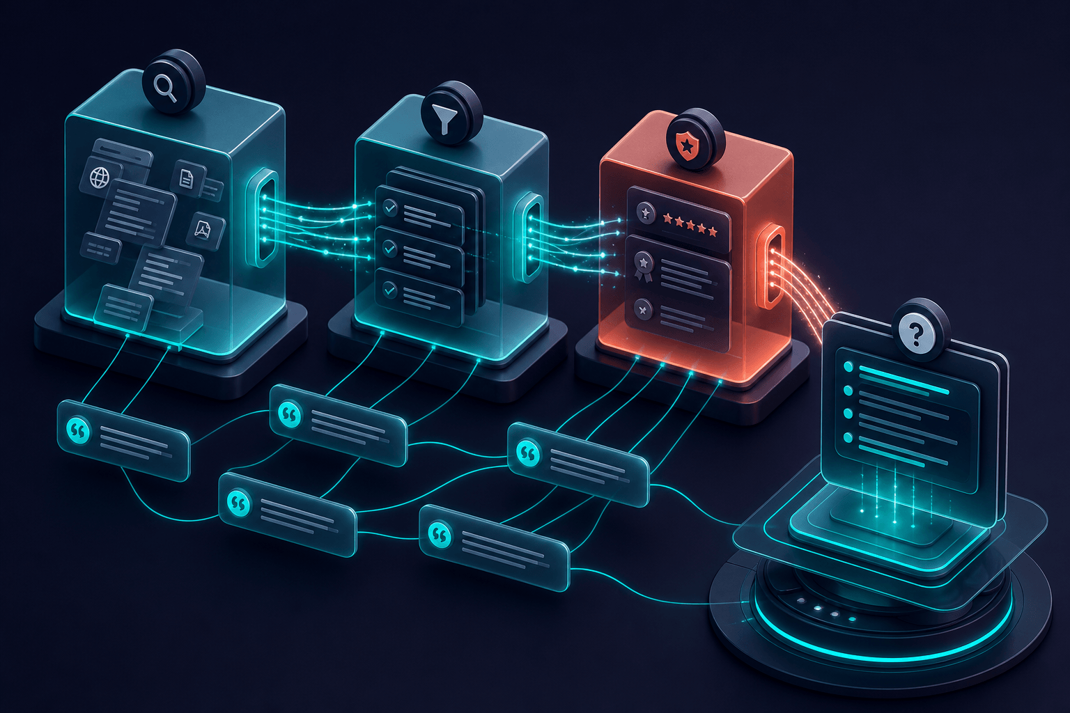 Layered 3D retrieval pipeline showing FAQ content blocks flowing into AI citation extraction with glowing teal connections and knowledge graph nodes, navy background with off-white space and coral emphasis