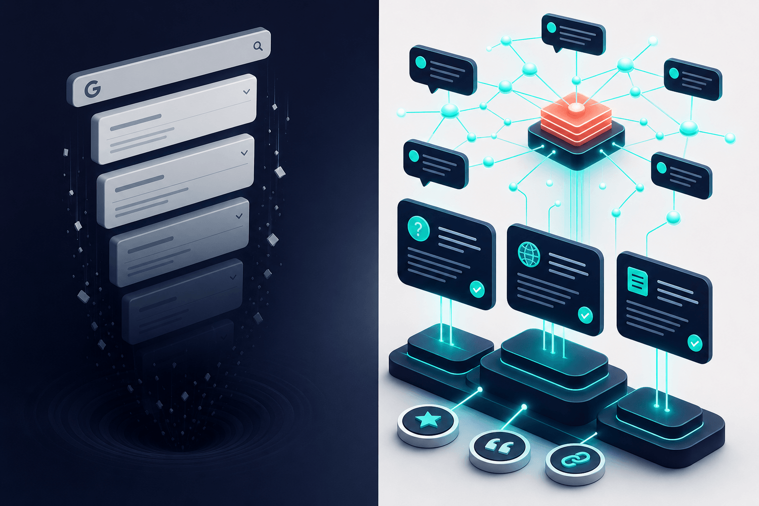 Abstract 3D split composition showing deprecated Google rich result panels fading on the left and active AI knowledge graph with FAQ citation nodes glowing on the right, teal connections, navy and off-white palette with coral accent