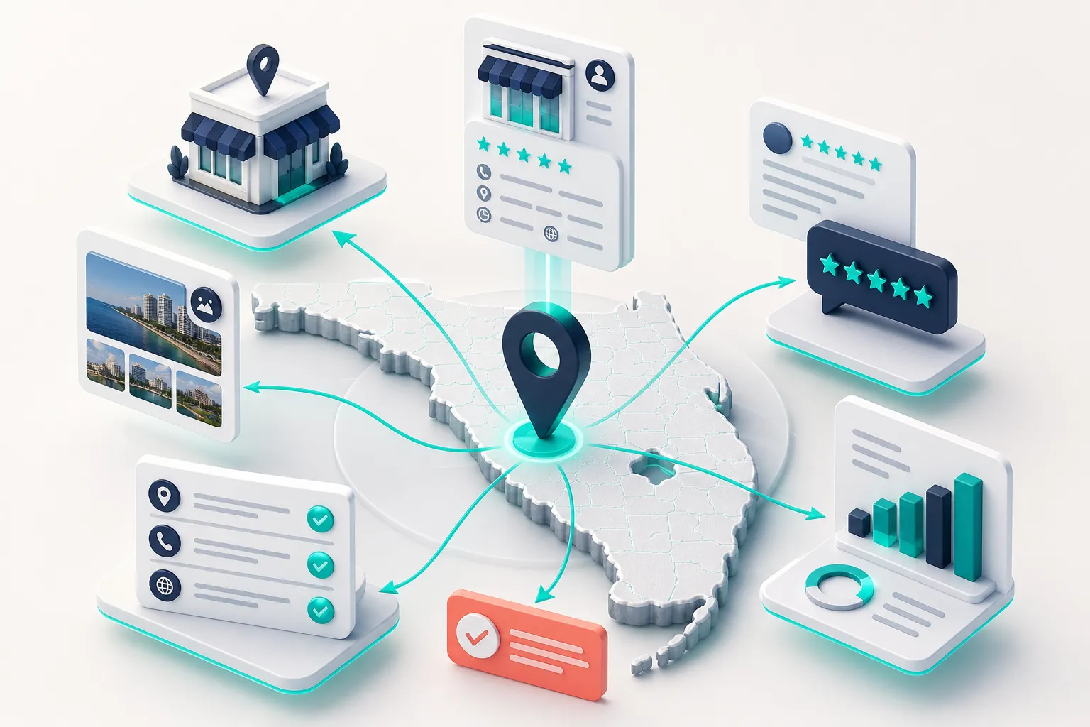 Conceptual 3D diagram showing Google Business Profile status updates flowing to local search results