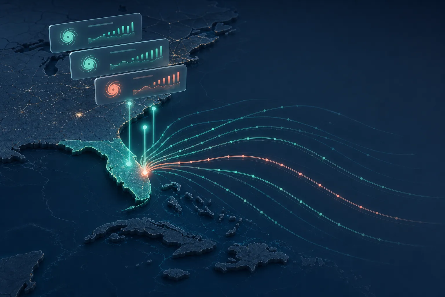 Isometric illustration of Atlantic hurricane paths approaching Florida coastline with data overlays
