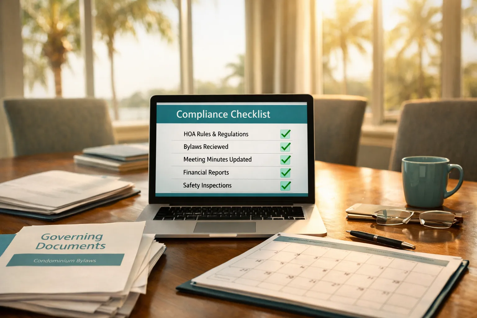 Florida condo board members reviewing compliance checklist on a laptop during a planning meeting