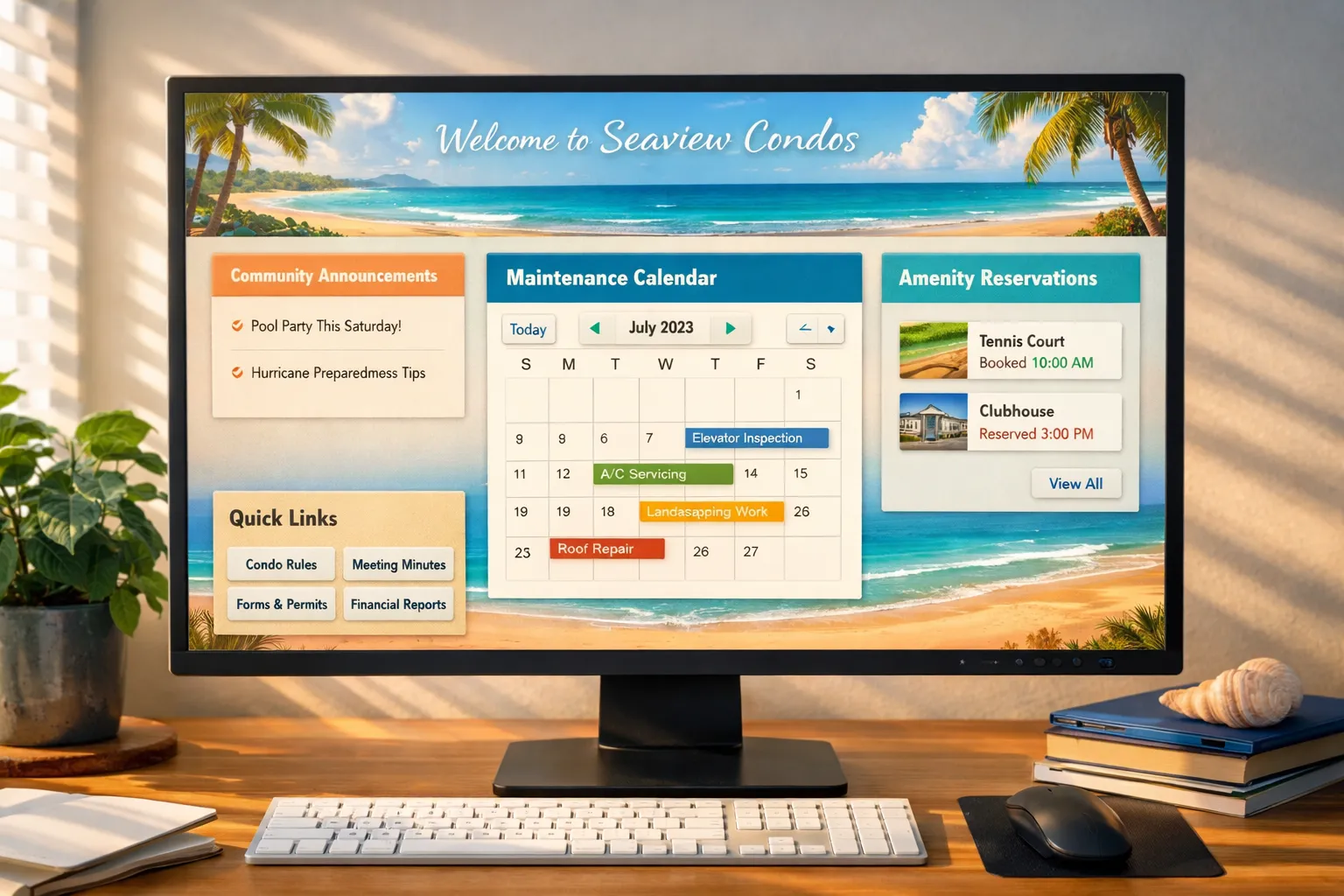 Florida condo website community dashboard showing announcements, maintenance calendar and amenity booking system