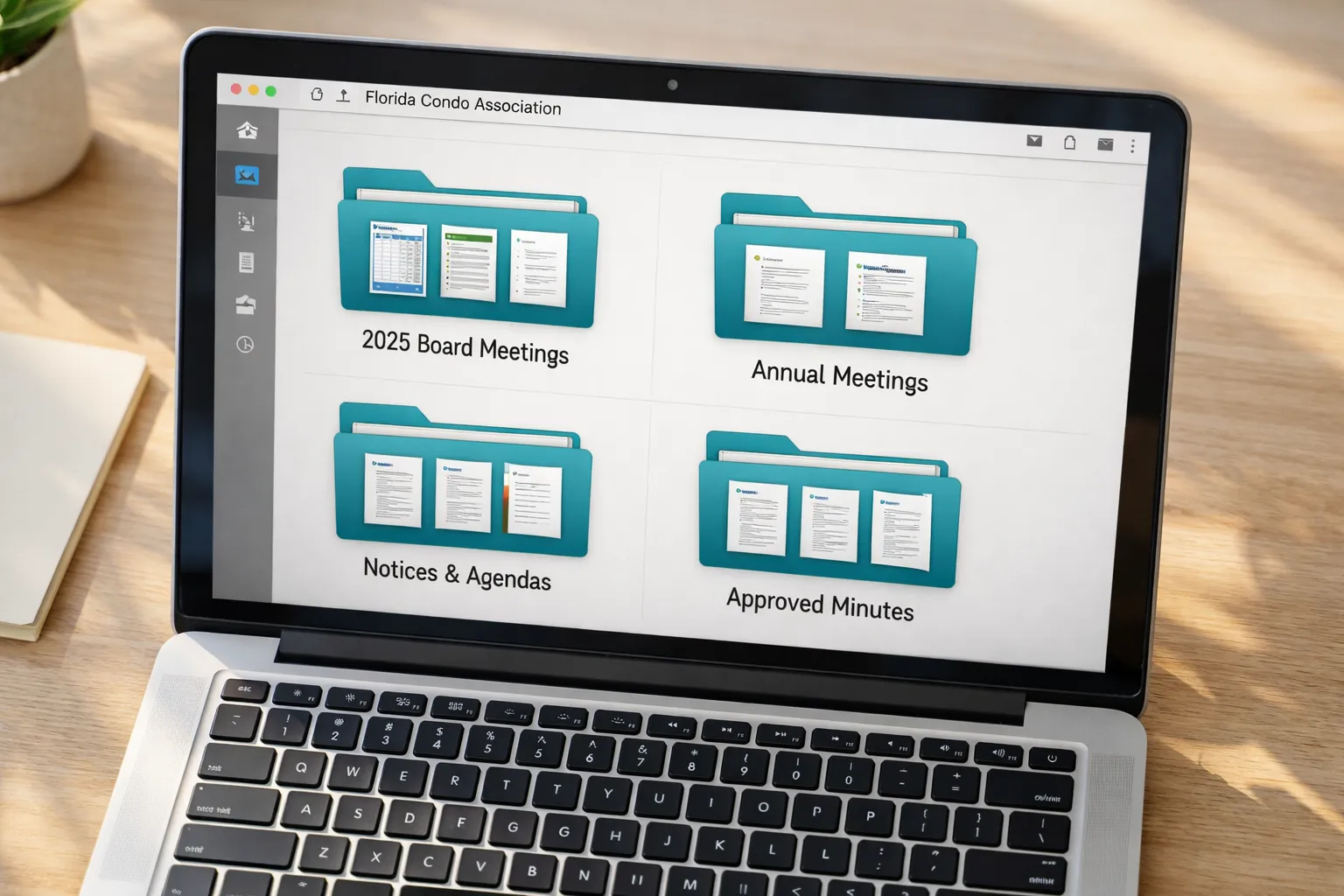 Organized digital folder structure for Florida condo meeting notices, agendas, approved minutes and video recordings