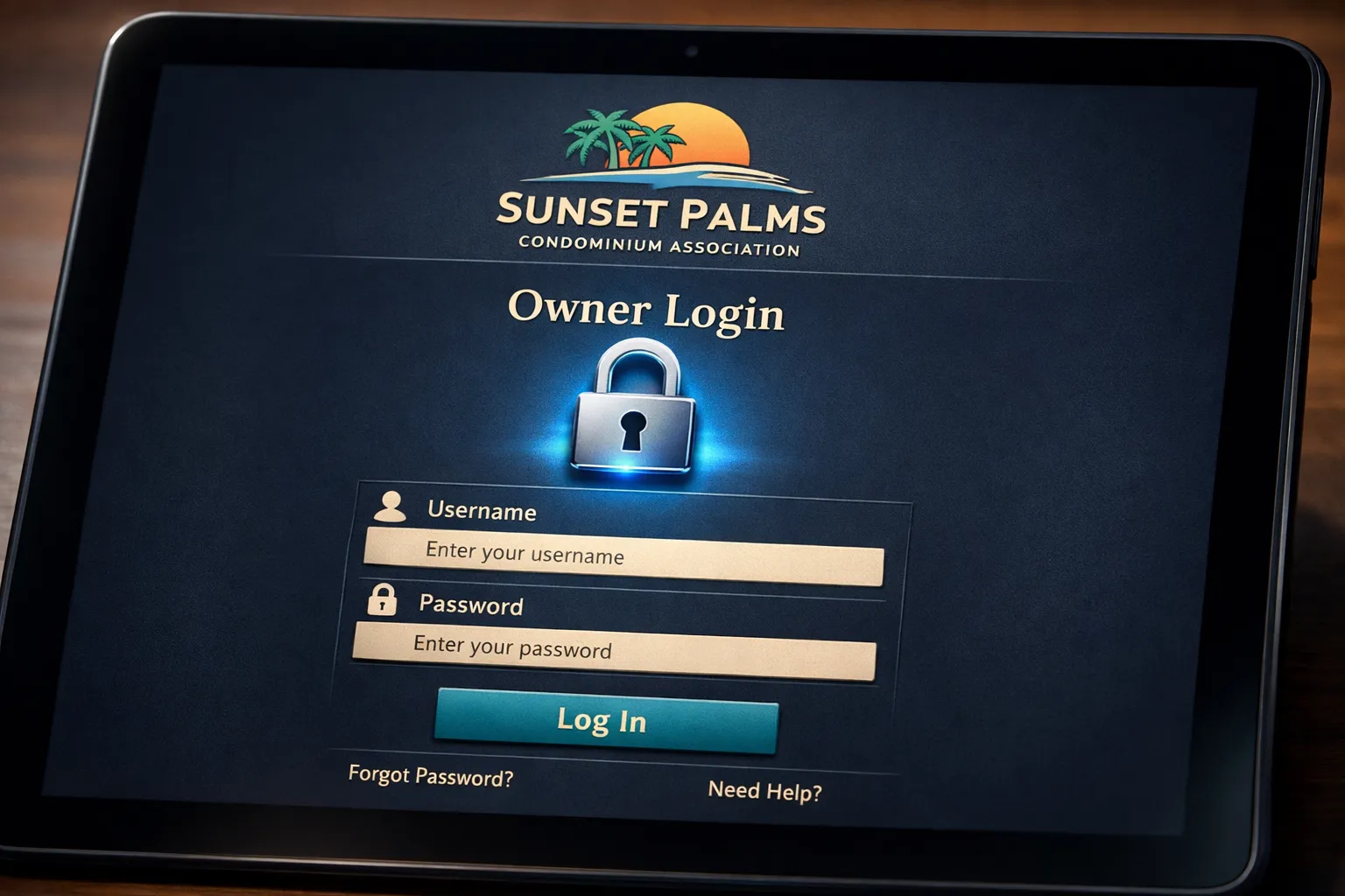 Secure password-protected owner portal login screen for Florida condominium association website