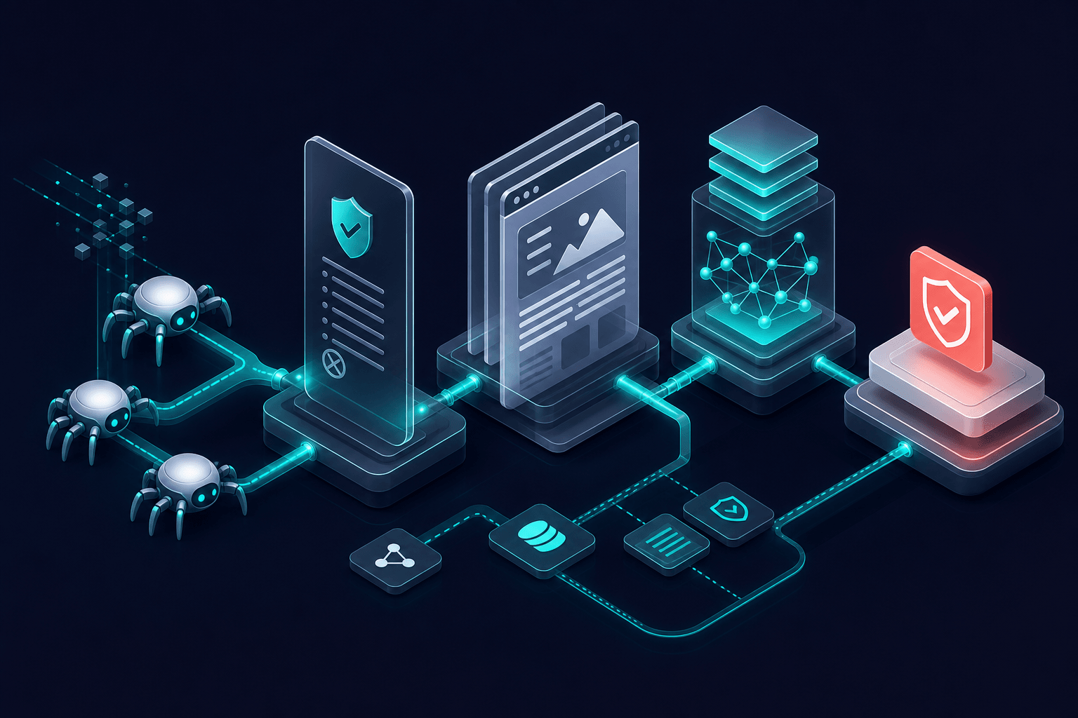 Isometric 3D pipeline showing AI crawler bots accessing layered content blocks with glowing access paths, deep navy background, teal highlights on open pathways and coral accent on one verified node, premium tech-editorial style, 16:9 aspect ratio
