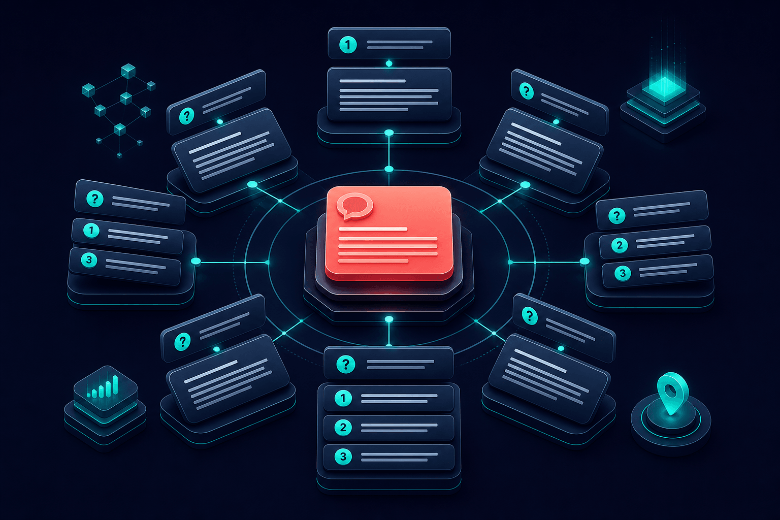 Floating 3D isometric content blocks with question-style headings, short answer cards, and structured lists arranged in a clear extraction flow, deep navy background with teal highlights and coral accent on the lead answer block, premium conceptual illustration, 16:9 aspect ratio