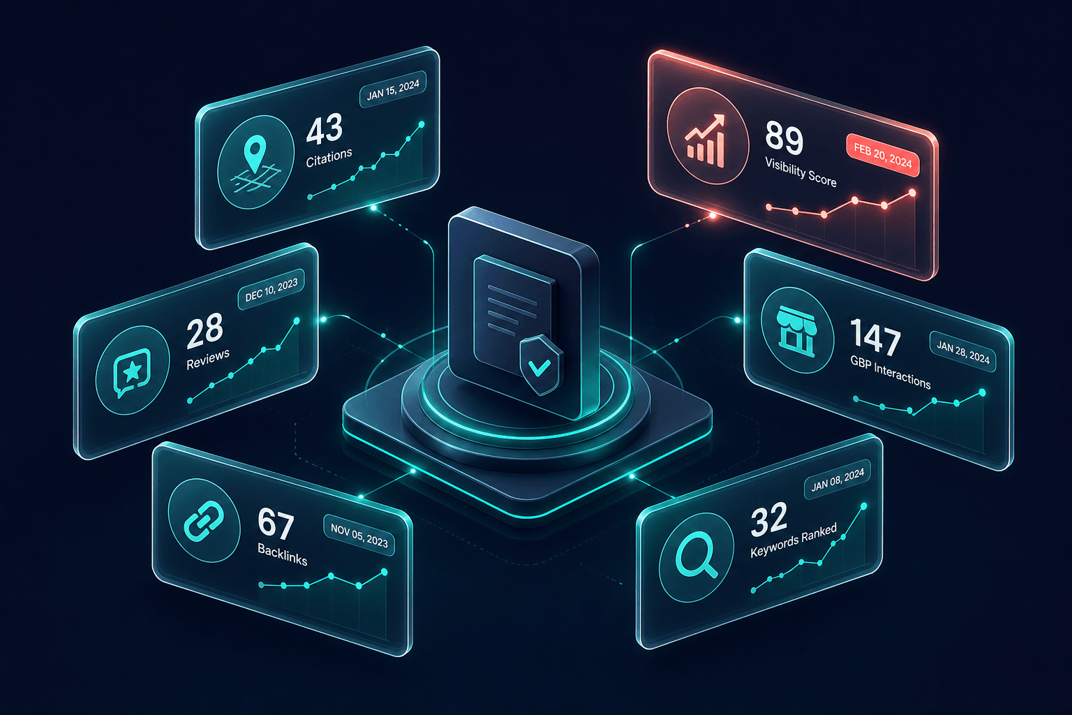 Isometric 3D visualization of dated statistics as floating translucent data cards with exact percentages and timelines orbiting a central source node, deep navy background, teal highlights and coral accent on the most recent data point, premium tech-editorial style, 16:9 aspect ratio