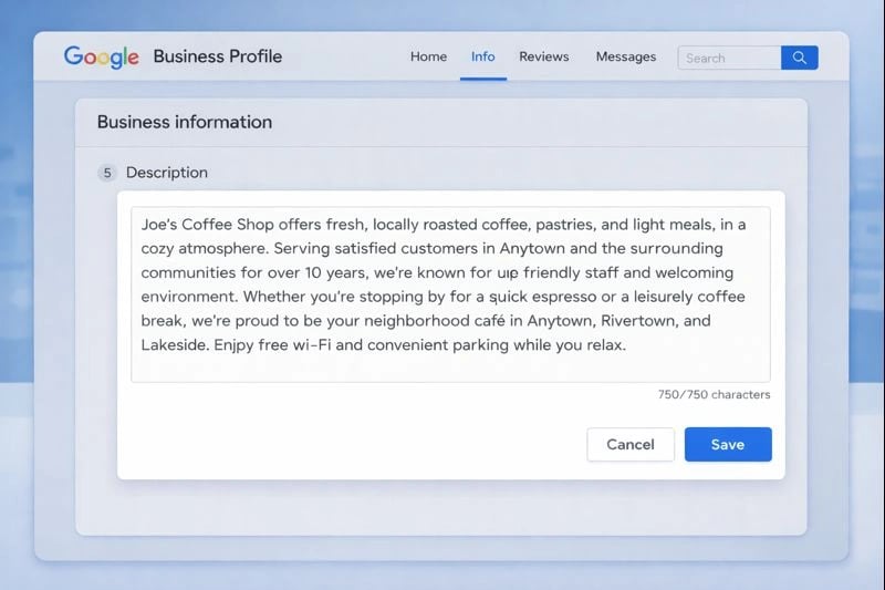 Editing a Google Business Profile description with location and service details for local SEO