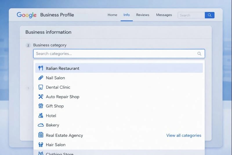 Google Business Profile category selection menu for optimizing local search relevance