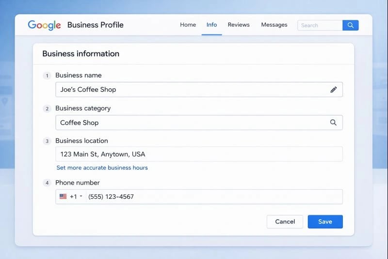 Google Business Profile setup screen showing business information fields for a local business