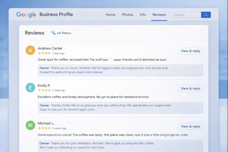 Google Business Profile review section showing customer feedback and business responses